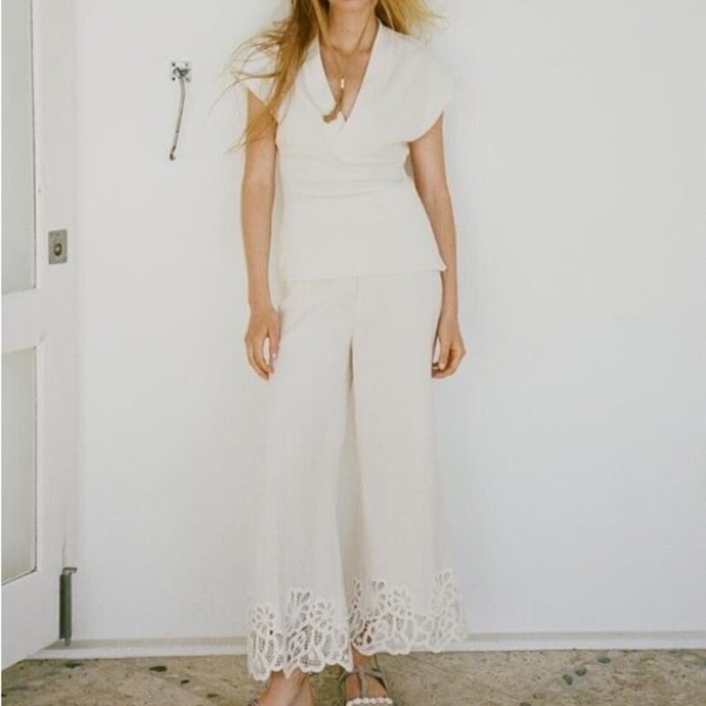 Zara Cream Wide Leg Pants with Lace Hem